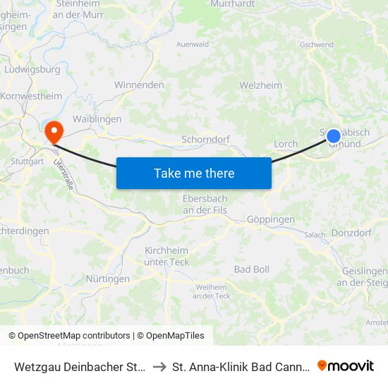 Wetzgau Deinbacher Straße to St. Anna-Klinik Bad Cannstatt map