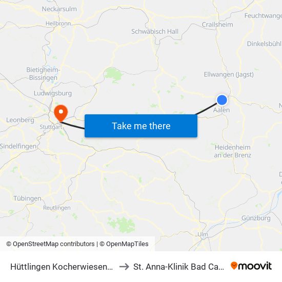 Hüttlingen Kocherwiesen/K3311 to St. Anna-Klinik Bad Cannstatt map