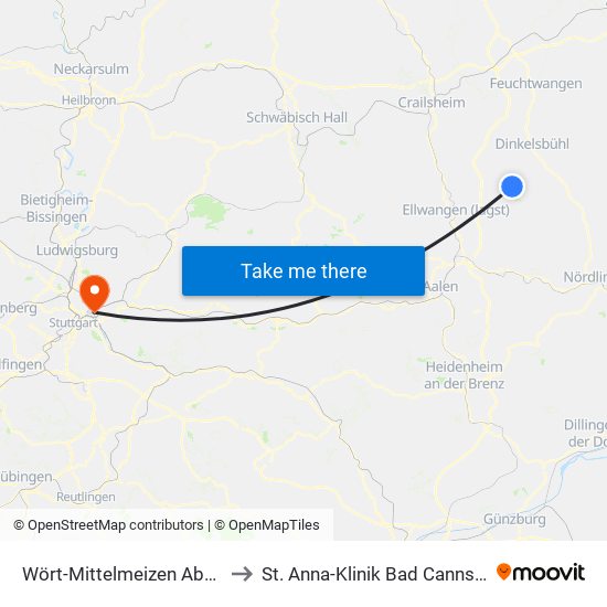 Wört-Mittelmeizen Abzwg to St. Anna-Klinik Bad Cannstatt map