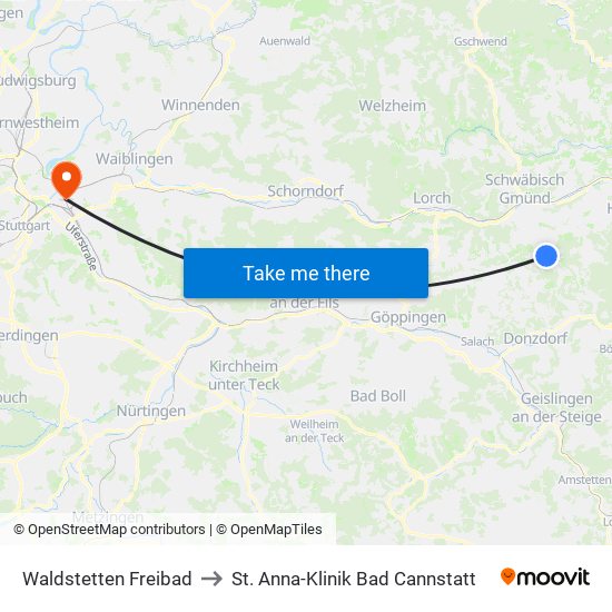 Waldstetten Freibad to St. Anna-Klinik Bad Cannstatt map