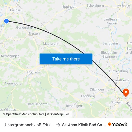 Untergrombach Joß-Fritz-Schule to St. Anna-Klinik Bad Cannstatt map