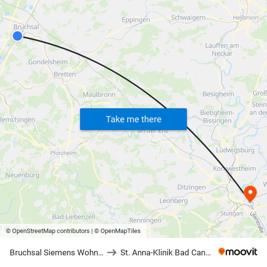 Bruchsal Siemens Wohnheim to St. Anna-Klinik Bad Cannstatt map