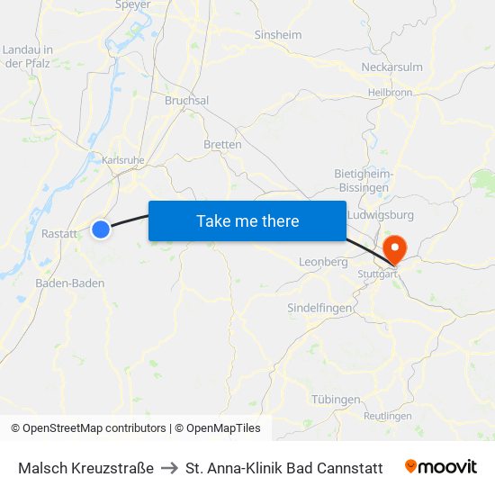 Malsch Kreuzstraße to St. Anna-Klinik Bad Cannstatt map