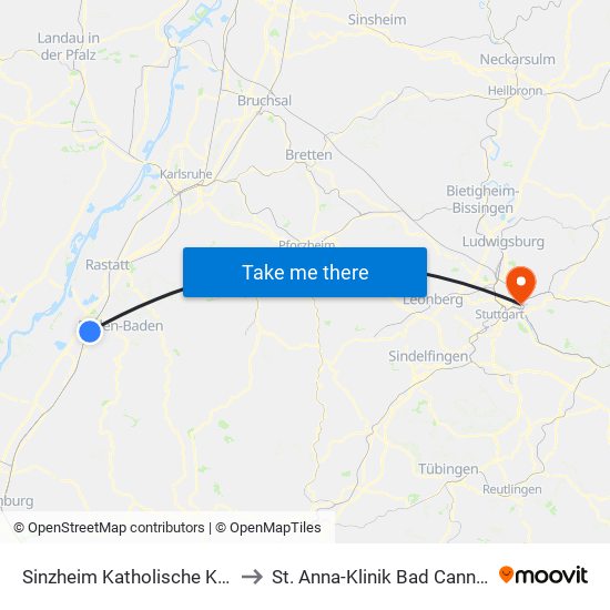 Sinzheim Katholische Kirche to St. Anna-Klinik Bad Cannstatt map