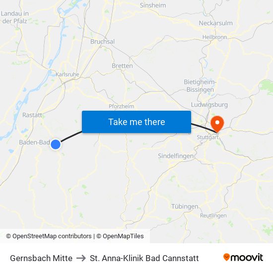 Gernsbach Mitte to St. Anna-Klinik Bad Cannstatt map