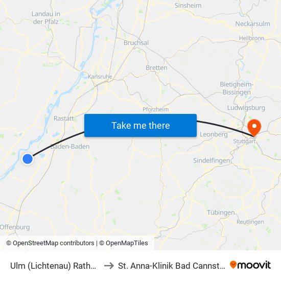 Ulm (Lichtenau) Rathaus to St. Anna-Klinik Bad Cannstatt map