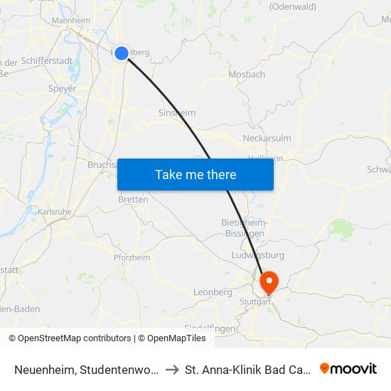 Neuenheim, Studentenwohnheim to St. Anna-Klinik Bad Cannstatt map