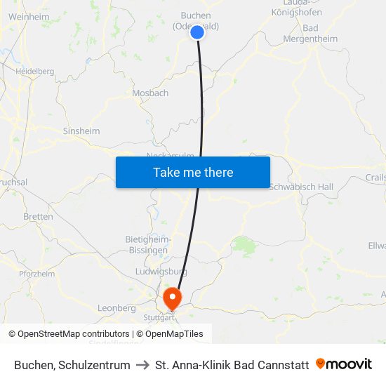 Buchen, Schulzentrum to St. Anna-Klinik Bad Cannstatt map