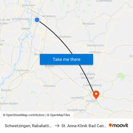 Schwetzingen, Rabaliattistraße to St. Anna-Klinik Bad Cannstatt map