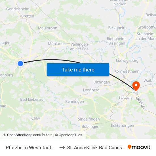 Pforzheim Weststadtpark to St. Anna-Klinik Bad Cannstatt map