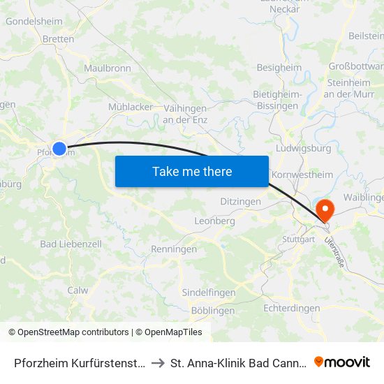 Pforzheim Kurfürstenstaffel to St. Anna-Klinik Bad Cannstatt map