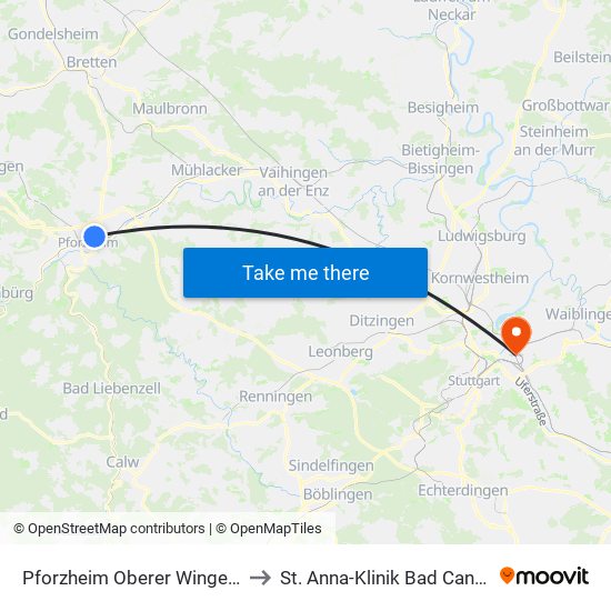Pforzheim Oberer Wingertweg to St. Anna-Klinik Bad Cannstatt map