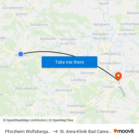 Pforzheim Wolfsbergallee to St. Anna-Klinik Bad Cannstatt map