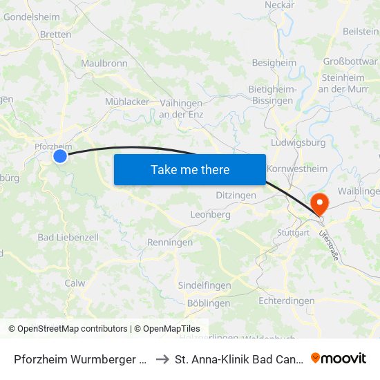 Pforzheim Wurmberger Straße to St. Anna-Klinik Bad Cannstatt map