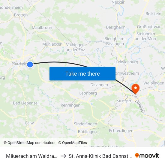 Mäuerach am Waldrand to St. Anna-Klinik Bad Cannstatt map
