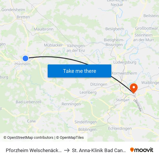 Pforzheim Welschenäckerstr. to St. Anna-Klinik Bad Cannstatt map