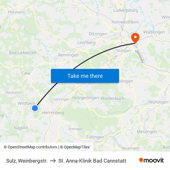 Sulz, Weinbergstr. to St. Anna-Klinik Bad Cannstatt map