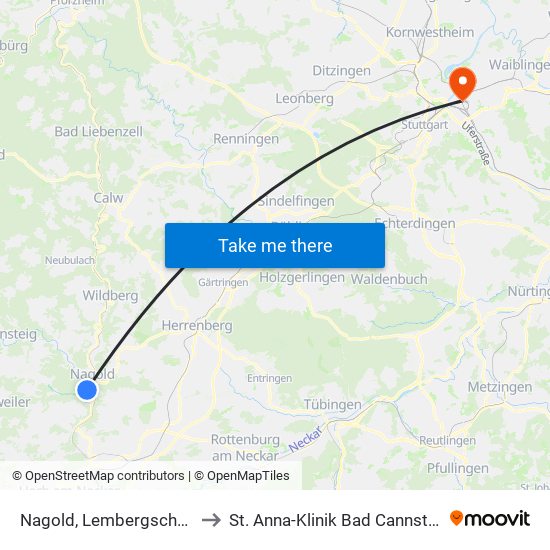 Nagold, Lembergschule to St. Anna-Klinik Bad Cannstatt map