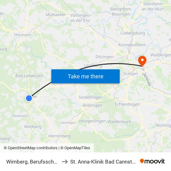 Wimberg, Berufsschule to St. Anna-Klinik Bad Cannstatt map