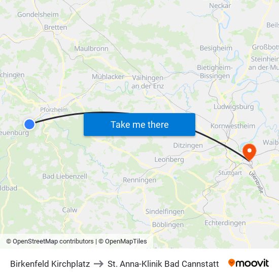 Birkenfeld Kirchplatz to St. Anna-Klinik Bad Cannstatt map
