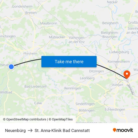 Neuenbürg to St. Anna-Klinik Bad Cannstatt map