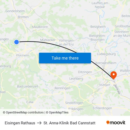 Eisingen Rathaus to St. Anna-Klinik Bad Cannstatt map