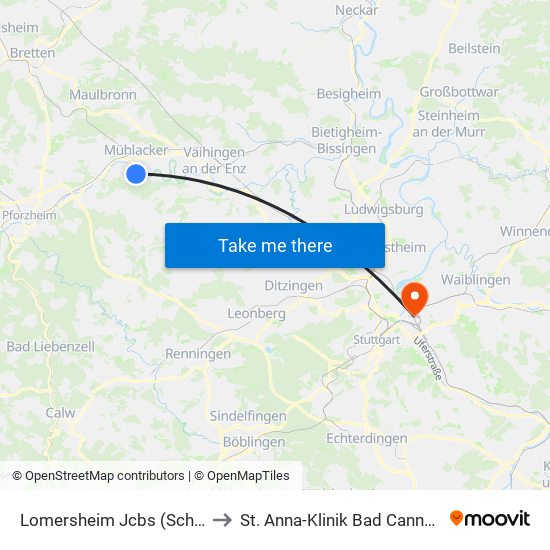 Lomersheim Jcbs (Schule) to St. Anna-Klinik Bad Cannstatt map