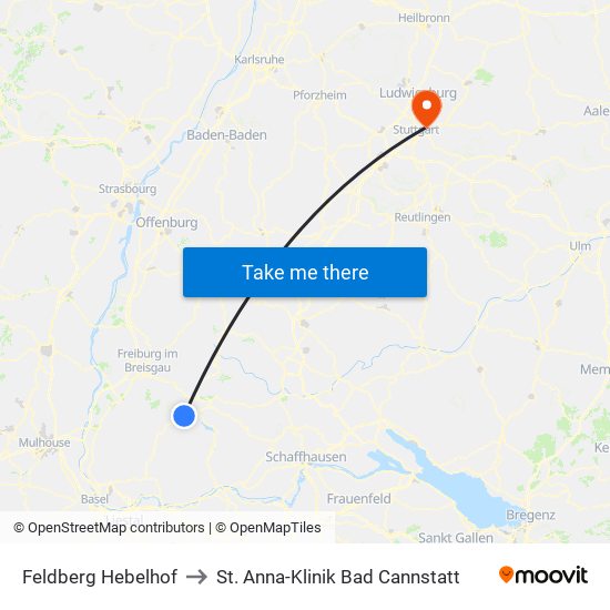 Feldberg Hebelhof to St. Anna-Klinik Bad Cannstatt map