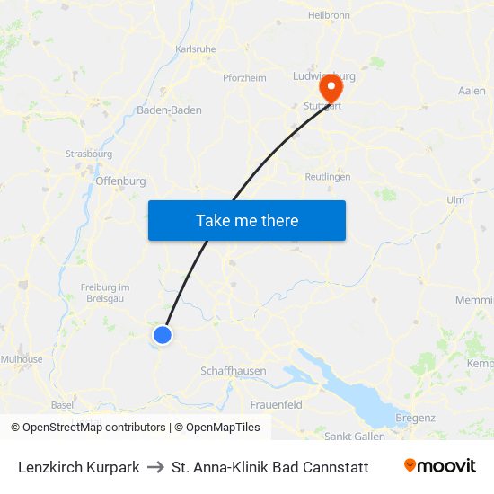 Lenzkirch Kurpark to St. Anna-Klinik Bad Cannstatt map