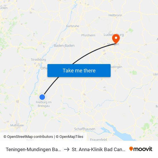 Teningen-Mundingen Bahnhof to St. Anna-Klinik Bad Cannstatt map