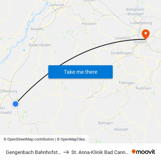 Gengenbach Bahnhofstraße to St. Anna-Klinik Bad Cannstatt map