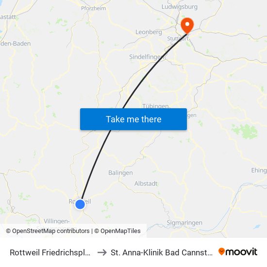 Rottweil Friedrichsplatz to St. Anna-Klinik Bad Cannstatt map