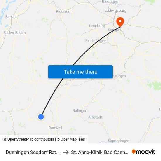 Dunningen Seedorf Rathaus to St. Anna-Klinik Bad Cannstatt map