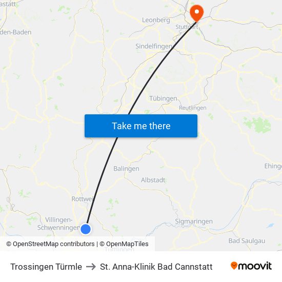 Trossingen Türmle to St. Anna-Klinik Bad Cannstatt map