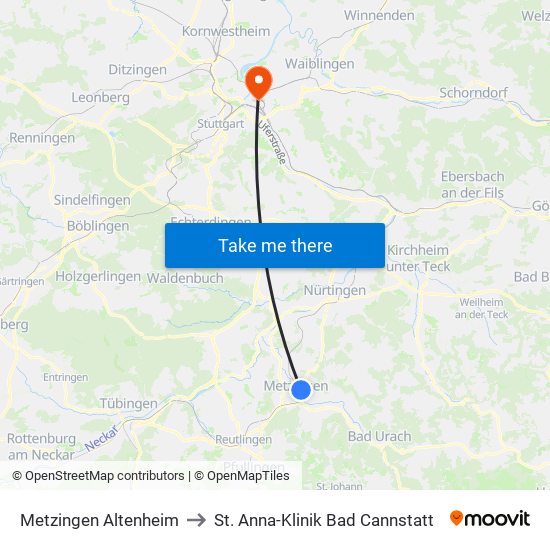 Metzingen Altenheim to St. Anna-Klinik Bad Cannstatt map