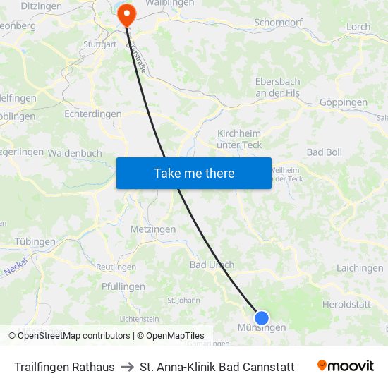 Trailfingen Rathaus to St. Anna-Klinik Bad Cannstatt map