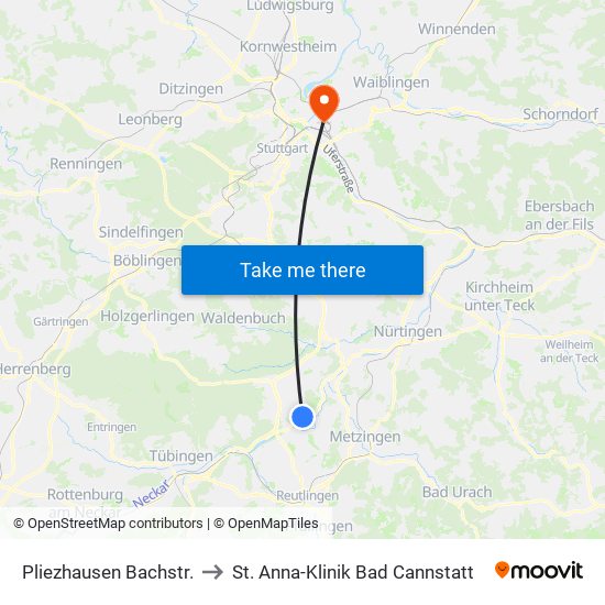 Pliezhausen Bachstr. to St. Anna-Klinik Bad Cannstatt map