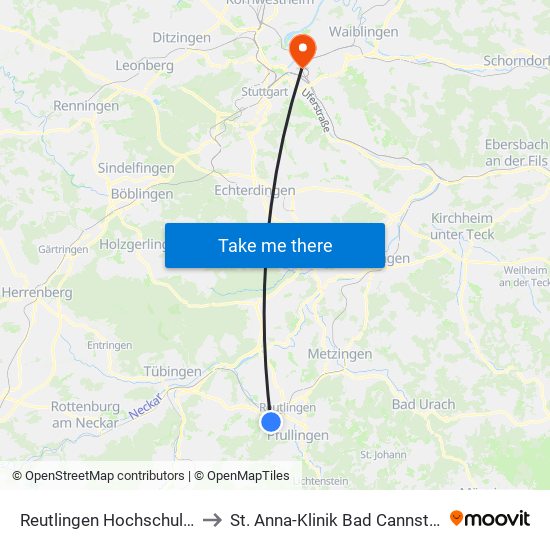 Reutlingen Hochschulen to St. Anna-Klinik Bad Cannstatt map