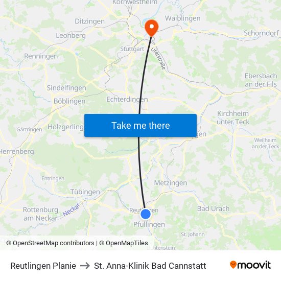 Reutlingen Planie to St. Anna-Klinik Bad Cannstatt map
