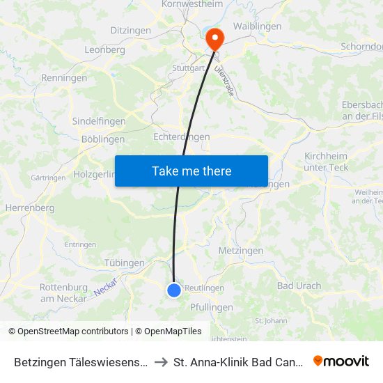 Betzingen Täleswiesenstraße to St. Anna-Klinik Bad Cannstatt map