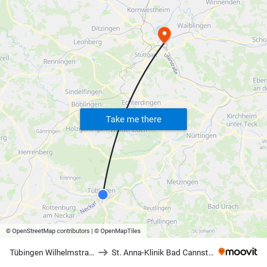 Tübingen Wilhelmstraße to St. Anna-Klinik Bad Cannstatt map