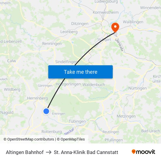 Altingen Bahnhof to St. Anna-Klinik Bad Cannstatt map