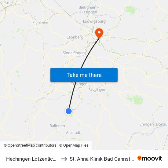 Hechingen Lotzenäcker to St. Anna-Klinik Bad Cannstatt map