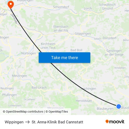 Wippingen to St. Anna-Klinik Bad Cannstatt map