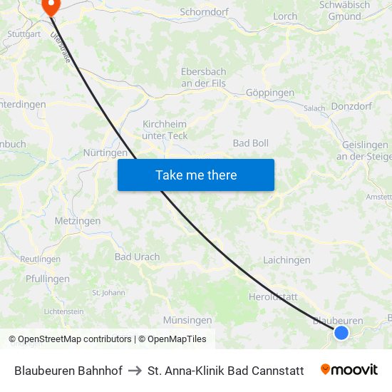 Blaubeuren Bahnhof to St. Anna-Klinik Bad Cannstatt map