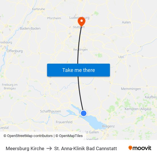 Meersburg Kirche to St. Anna-Klinik Bad Cannstatt map