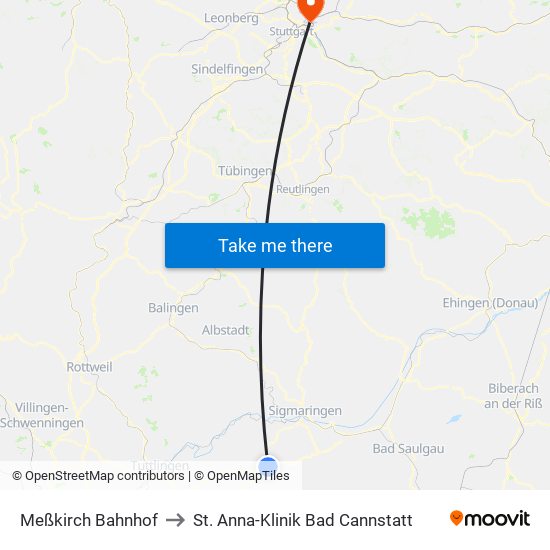 Meßkirch Bahnhof to St. Anna-Klinik Bad Cannstatt map