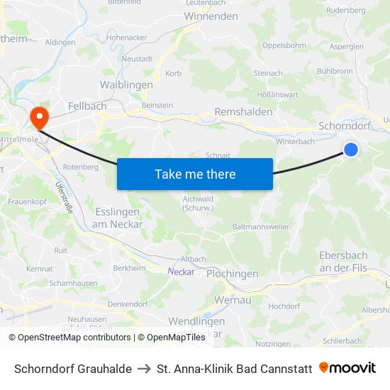 Schorndorf Grauhalde to St. Anna-Klinik Bad Cannstatt map
