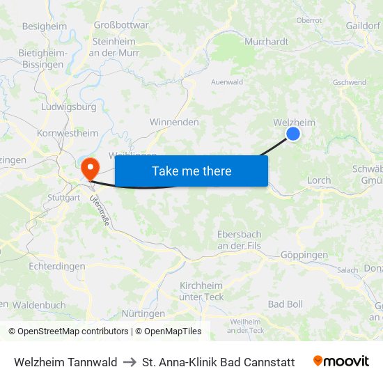 Welzheim Tannwald to St. Anna-Klinik Bad Cannstatt map