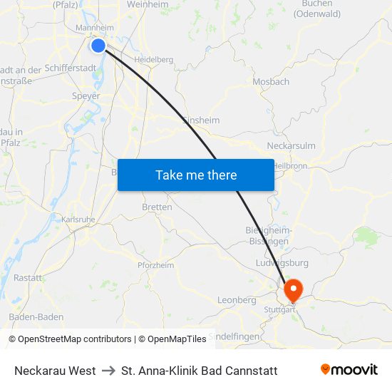 Neckarau West to St. Anna-Klinik Bad Cannstatt map